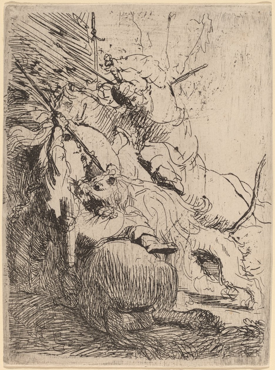 A pequena caça ao leão (com um leão) de Rembrandt van Rijn