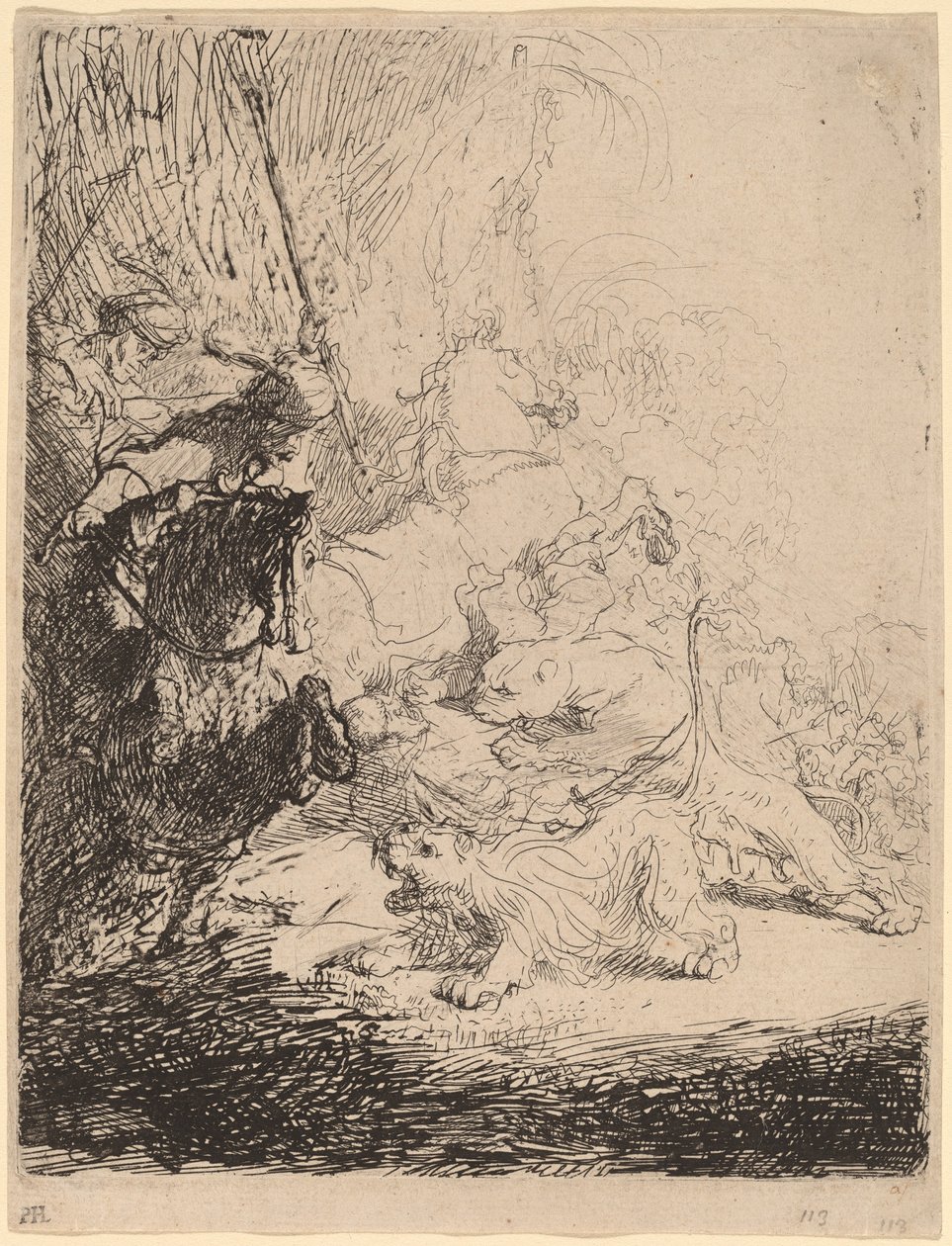 A pequena caça ao leão (com dois leões) de Rembrandt van Rijn