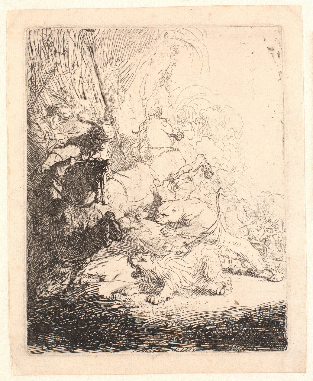 A pequena caça ao leão (com dois leões) de Rembrandt van Rijn