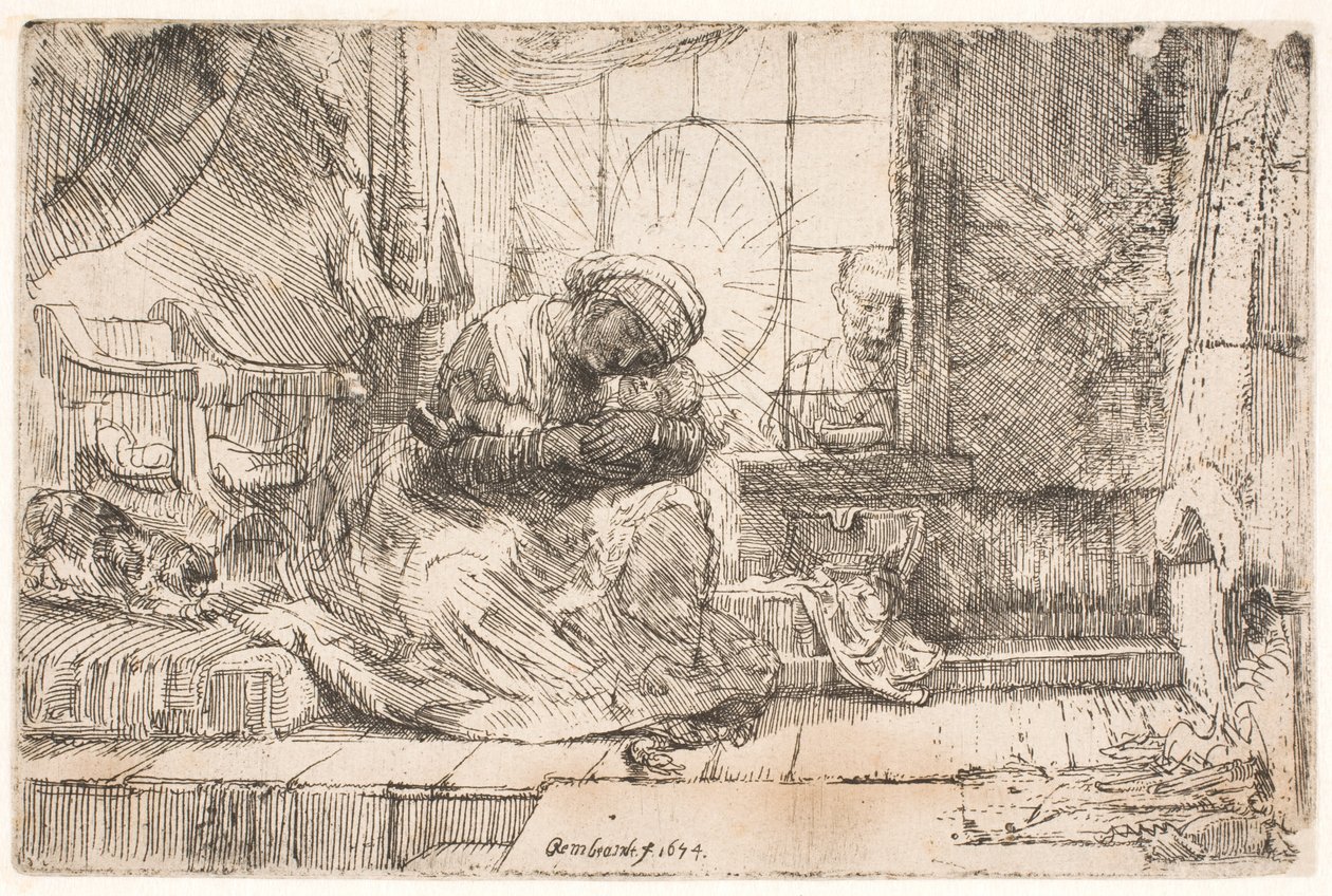 A Virgem e o Menino com o gato: e José à janela de Rembrandt van Rijn