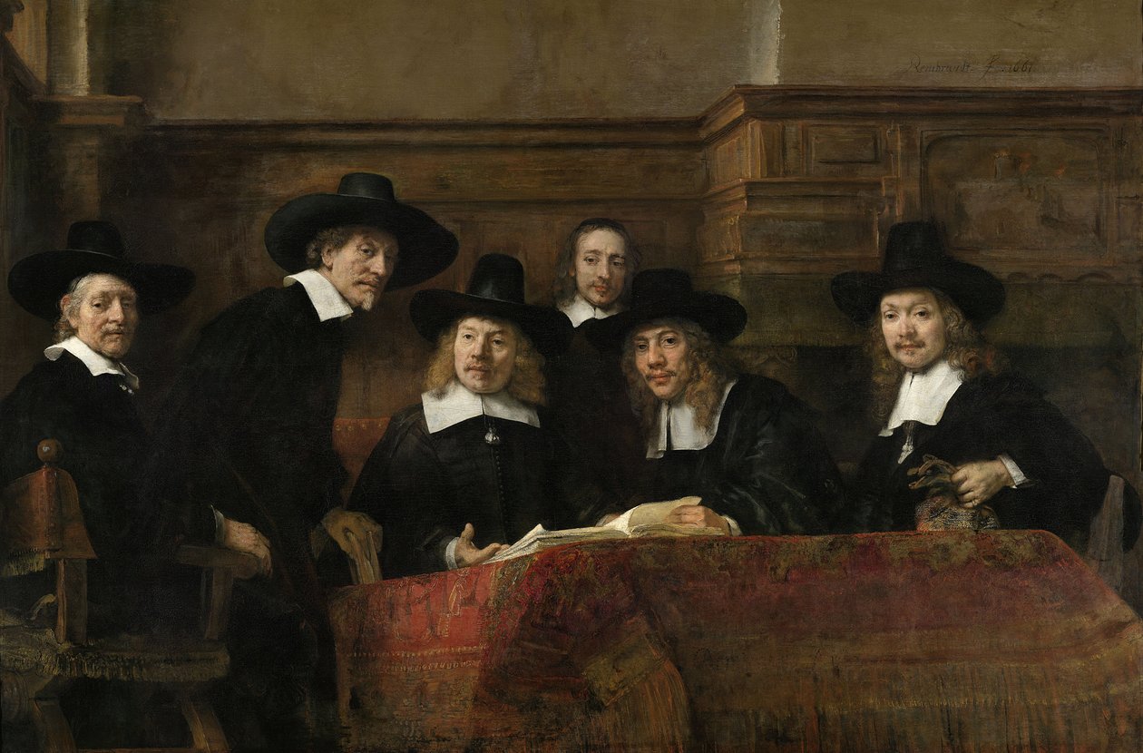 Os Guardiões da Guilda dos Drapers de Amsterdã, conhecidos como &39;The Syndics&39;, 1662 de Rembrandt van Rijn