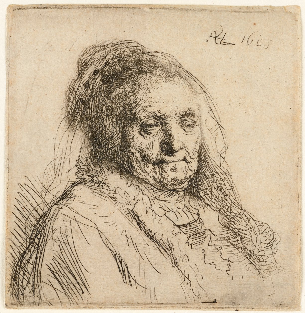 A mãe do artista, cabeça e busto, 1628. de Rembrandt van Rijn