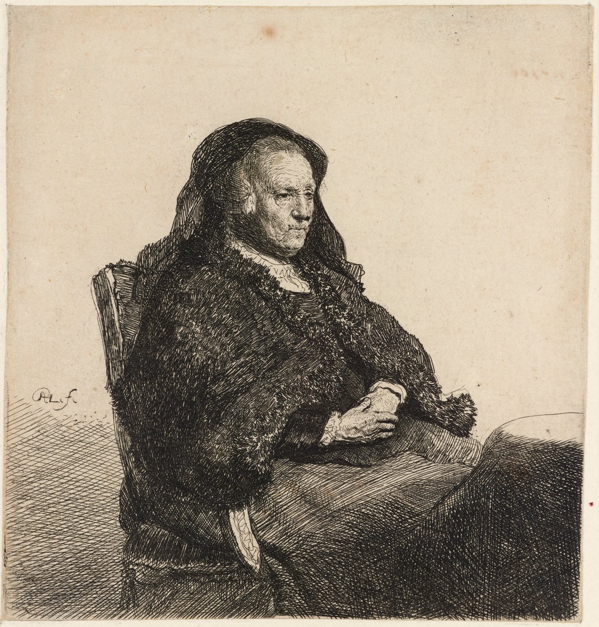A mãe do artista sentada à mesa, c.1631. de Rembrandt van Rijn