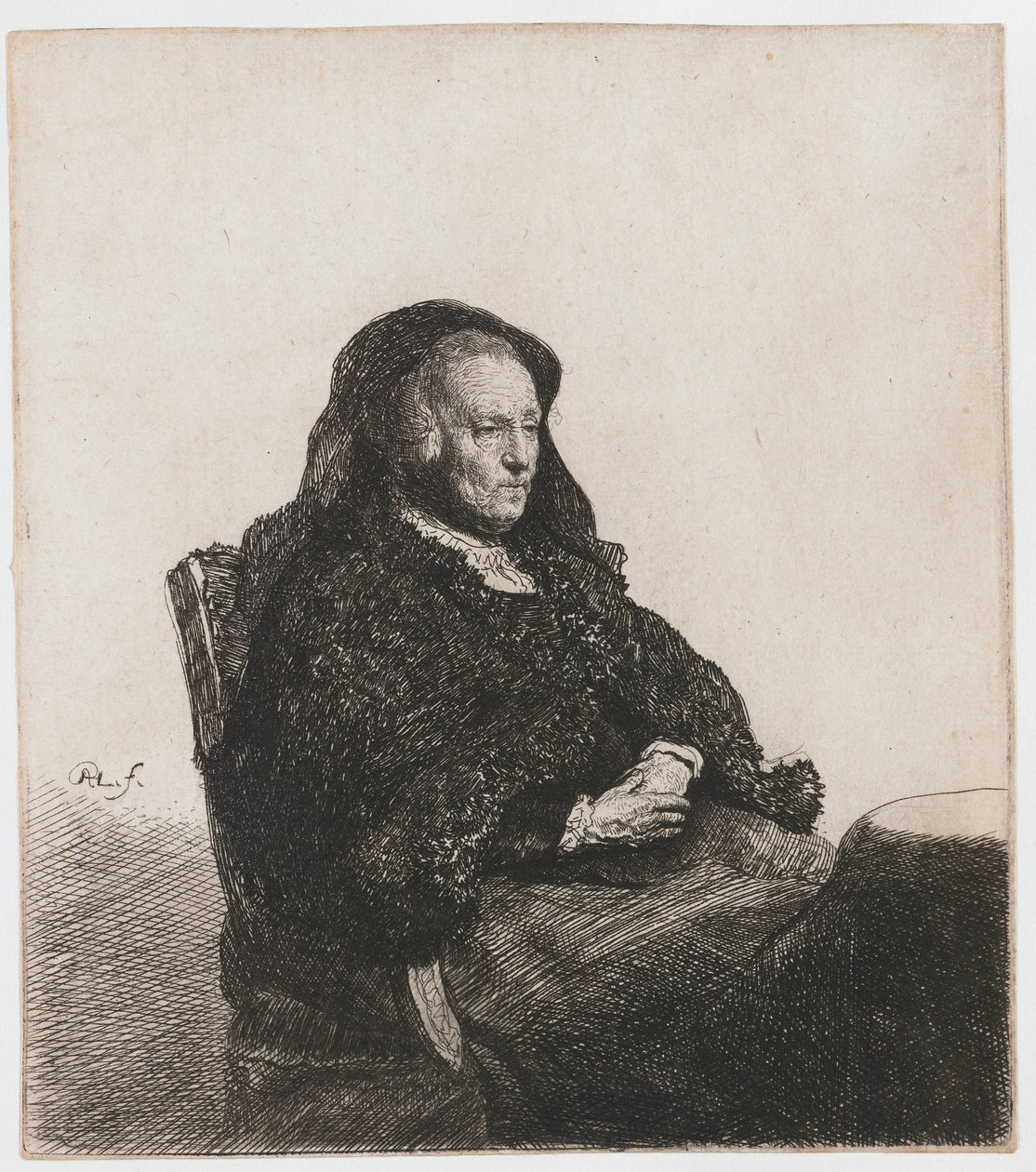 A mãe do artista sentada à mesa, olhando para a direita: três quartos de comprimento de Rembrandt van Rijn