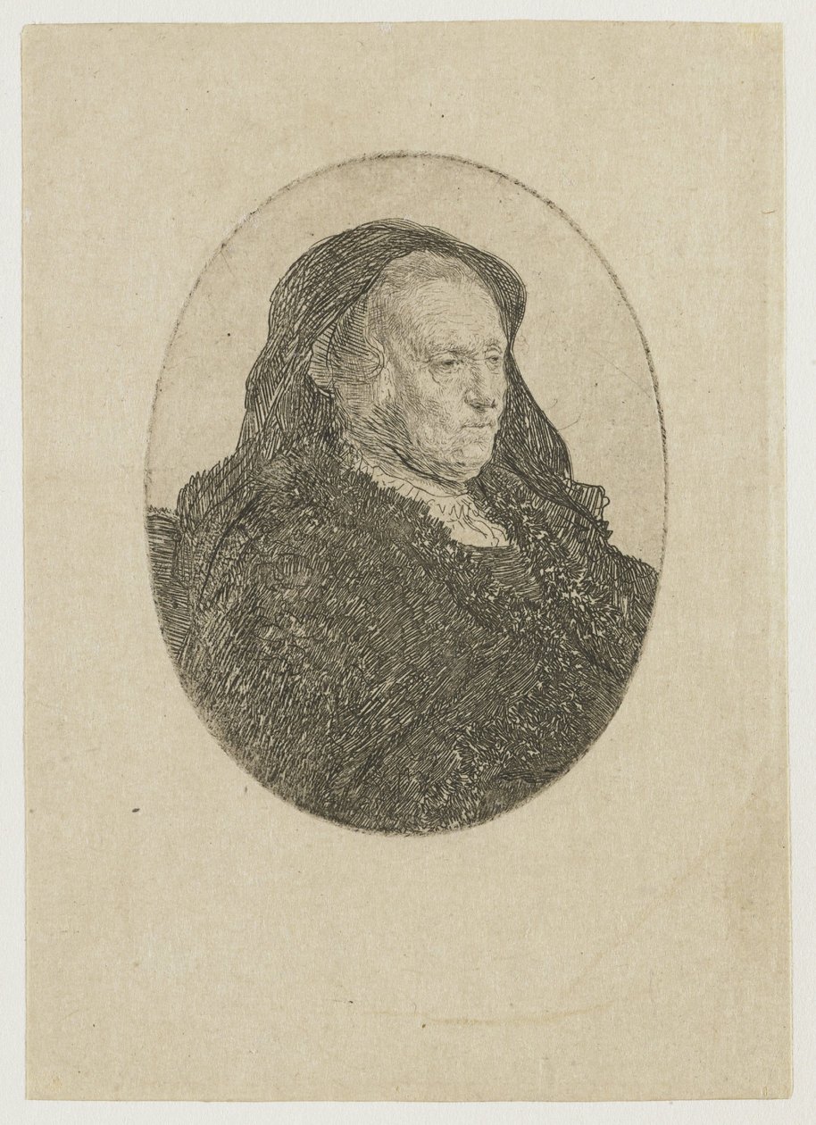 A mãe do artista, sentada à mesa, a olhar para a direita: retrato de três quartos de Rembrandt van Rijn