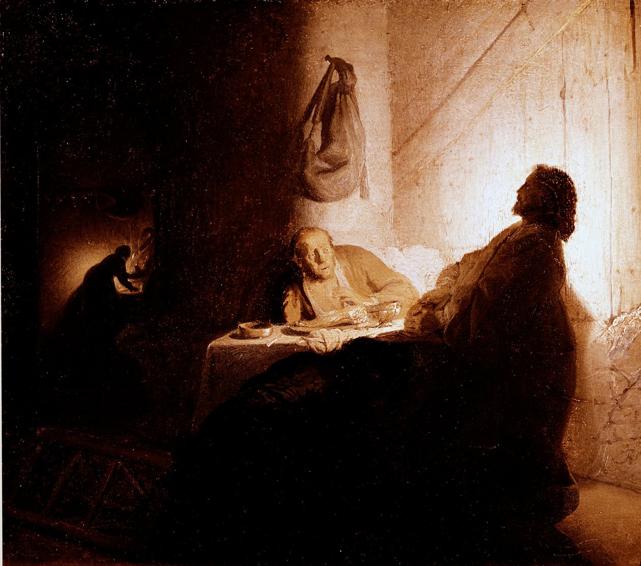 O jantar de Emaús Cristo aparece aos peregrinos sentados à mesa em uma pousada em Emaús. Pintura de Harmensz van Rijn dit Rembrandt (1606-1669) 1628-1629 Sol. 21,5x16,5 cm Paris, musee Jacquemart Andre de Rembrandt van Rijn