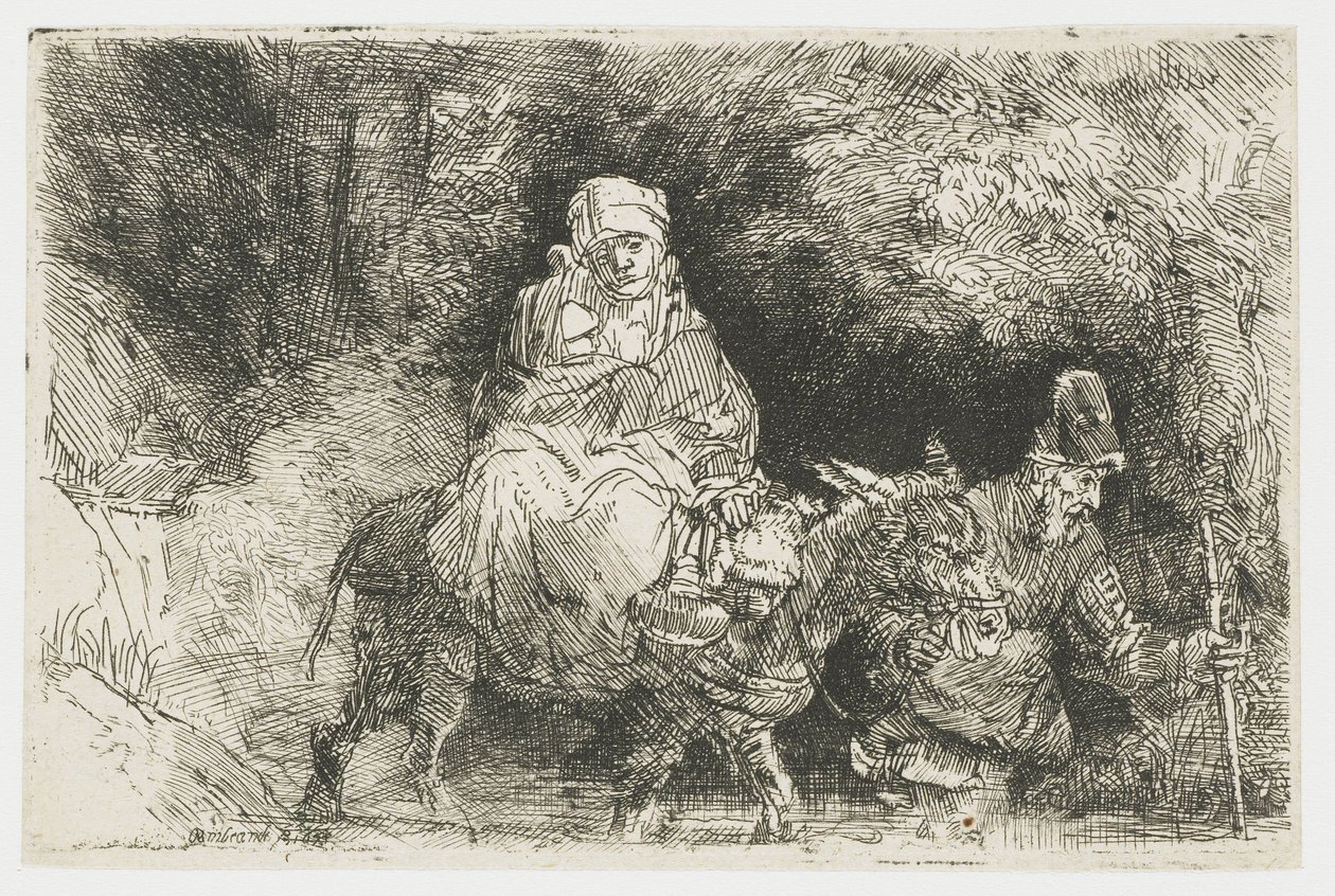A fuga para o Egito cruzando um riacho de Rembrandt van Rijn