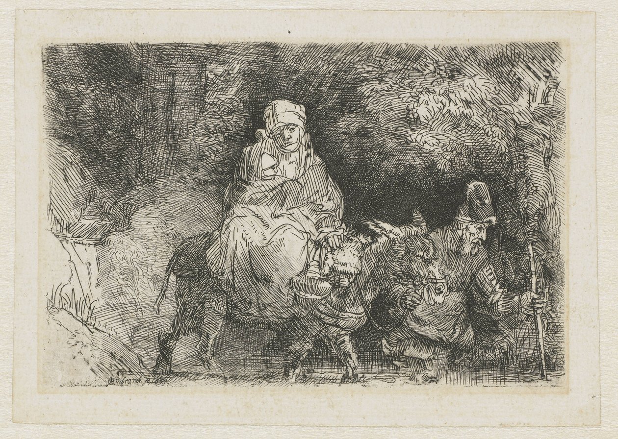 A fuga para o Egito cruzando um riacho de Rembrandt van Rijn