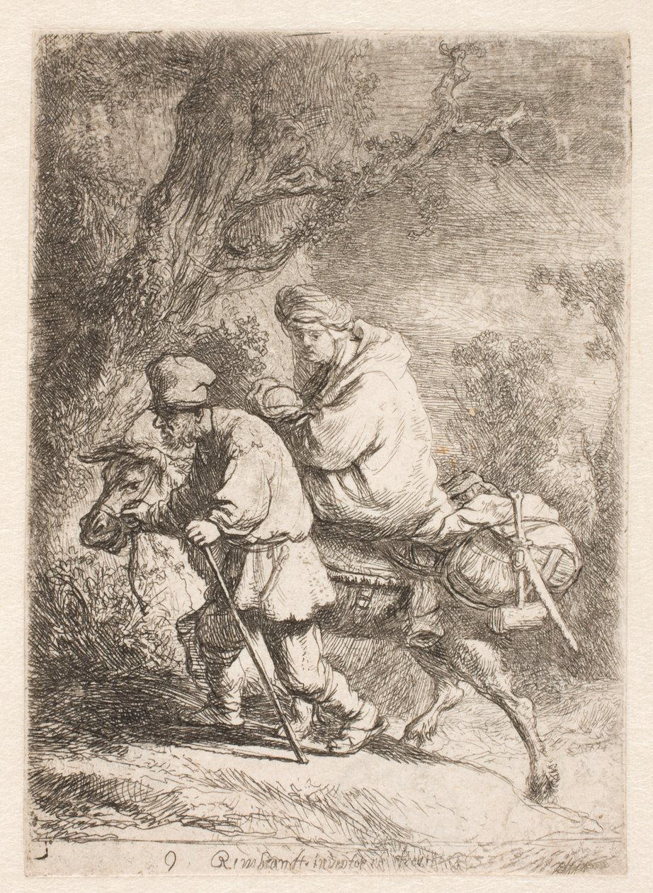 A fuga para o Egito: prato pequeno de Rembrandt van Rijn