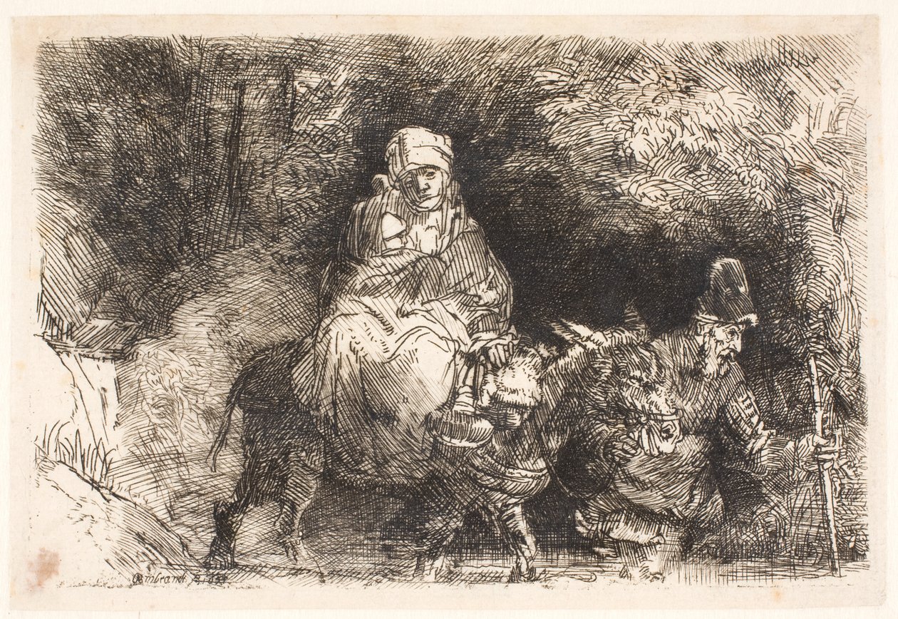 A fuga para o Egito: a Sagrada Família a atravessar um ribeiro de Rembrandt van Rijn