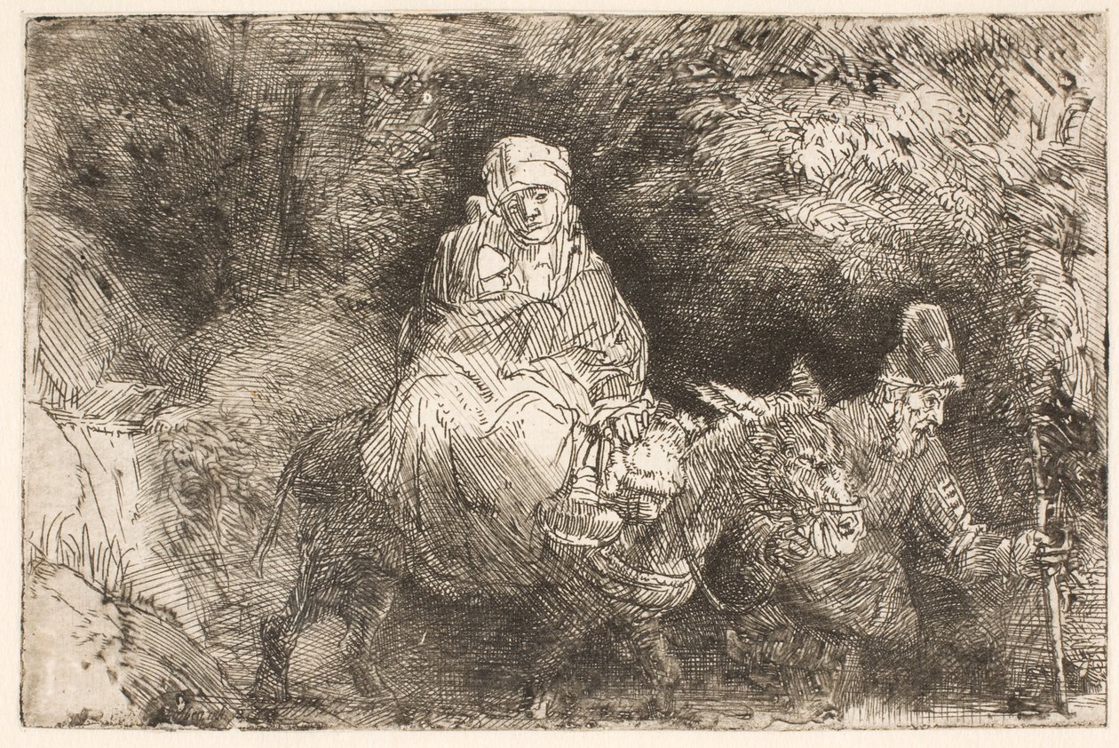 A fuga para o Egito: a Sagrada Família a atravessar um ribeiro de Rembrandt van Rijn