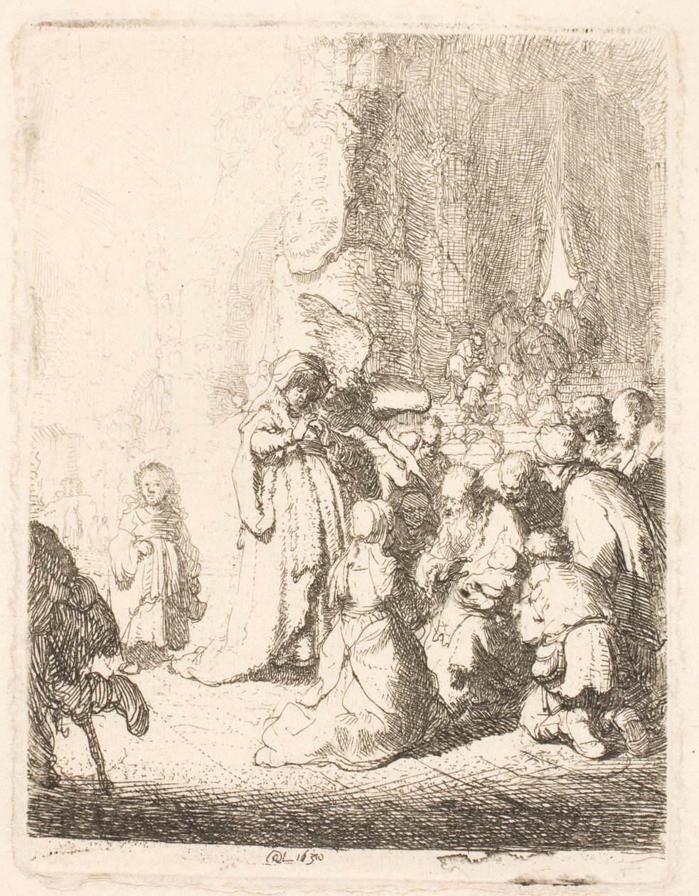 A apresentação no templo (com o anjo): placa pequena de Rembrandt van Rijn