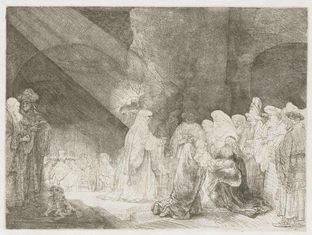 A apresentação no templo: gravura retangular de Rembrandt van Rijn