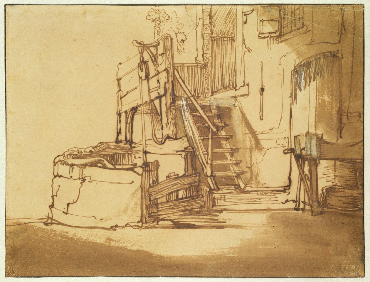 O poço em frente à casa da fazenda (caneta e tinta marrom e marrom no papel) de Rembrandt van Rijn