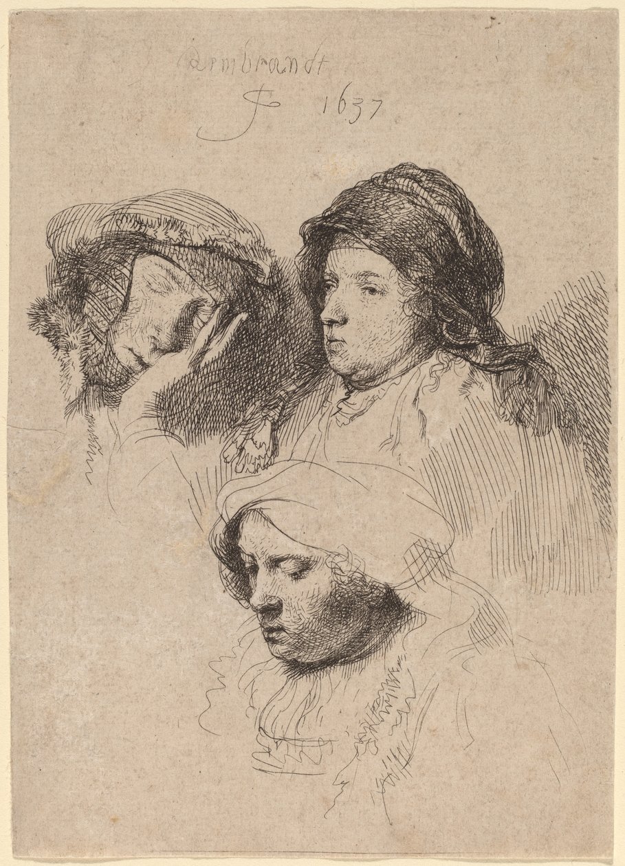 Três cabeças de mulheres, uma dormindo de Rembrandt van Rijn