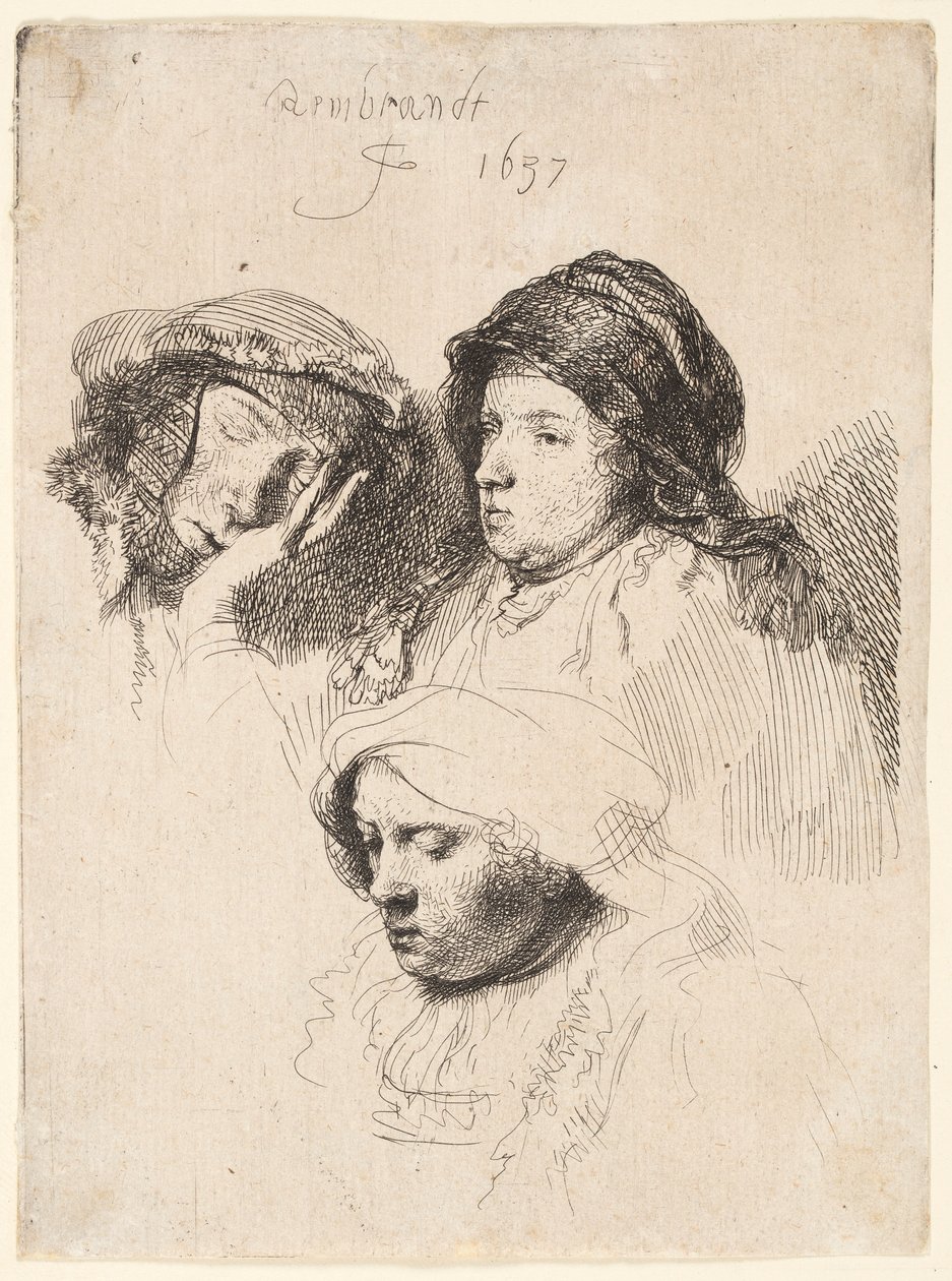 Três cabeças de mulheres, uma dormindo de Rembrandt van Rijn
