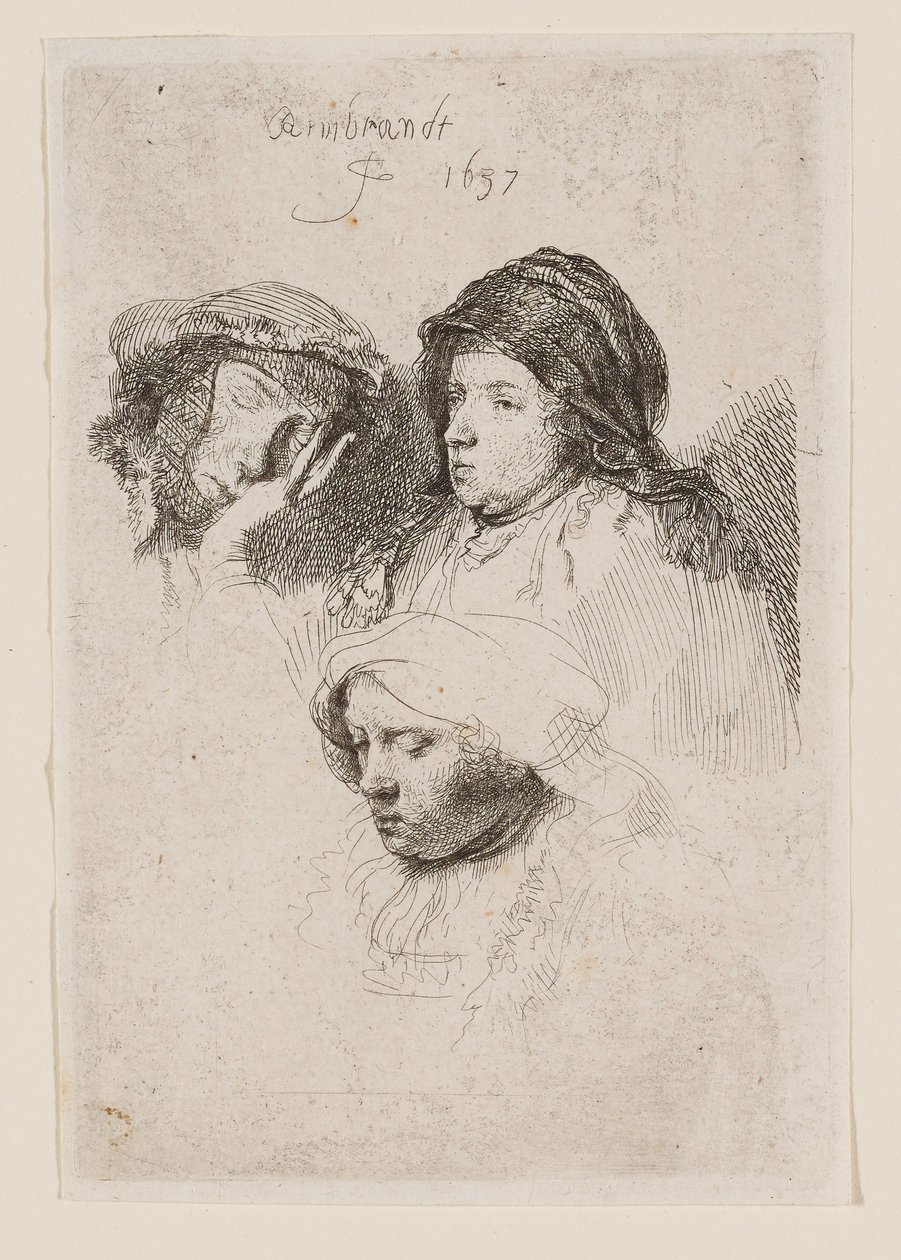 Três rostos de mulheres, uma delas a dormir de Rembrandt van Rijn