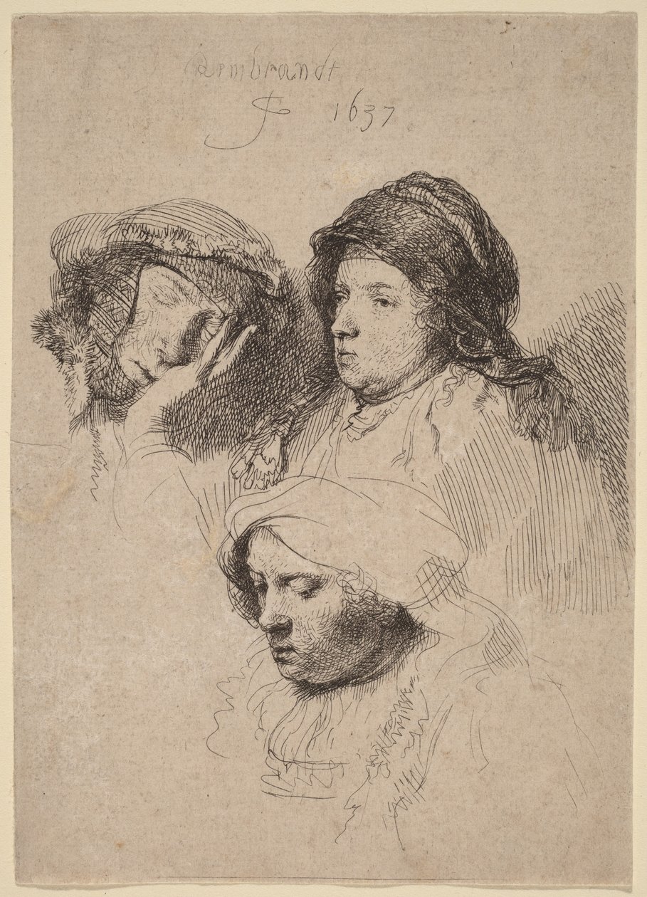 Três rostos de mulheres, uma delas a dormir de Rembrandt van Rijn