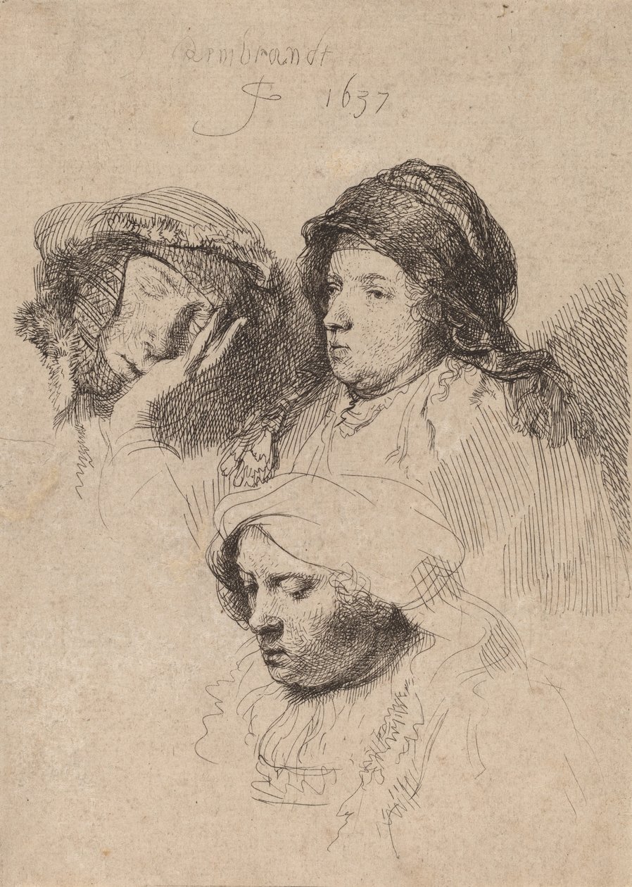 Três cabeças de mulheres, uma dormindo, 1637. de Rembrandt van Rijn