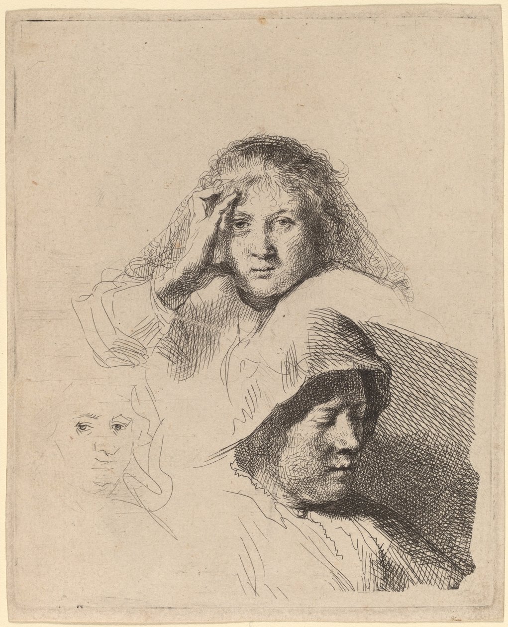 Três cabeças de mulheres, uma levemente gravada de Rembrandt van Rijn