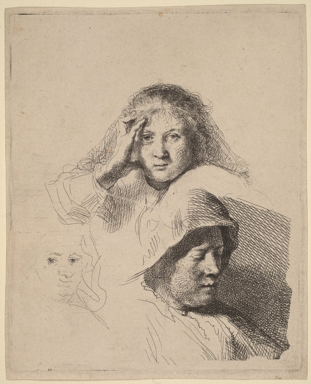 Três cabeças de mulheres, uma delas levemente gravada de Rembrandt van Rijn
