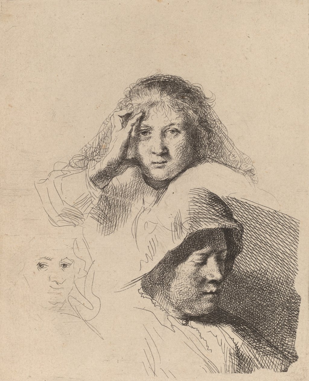 Três cabeças de mulheres, uma levemente gravada, c. 1637. de Rembrandt van Rijn