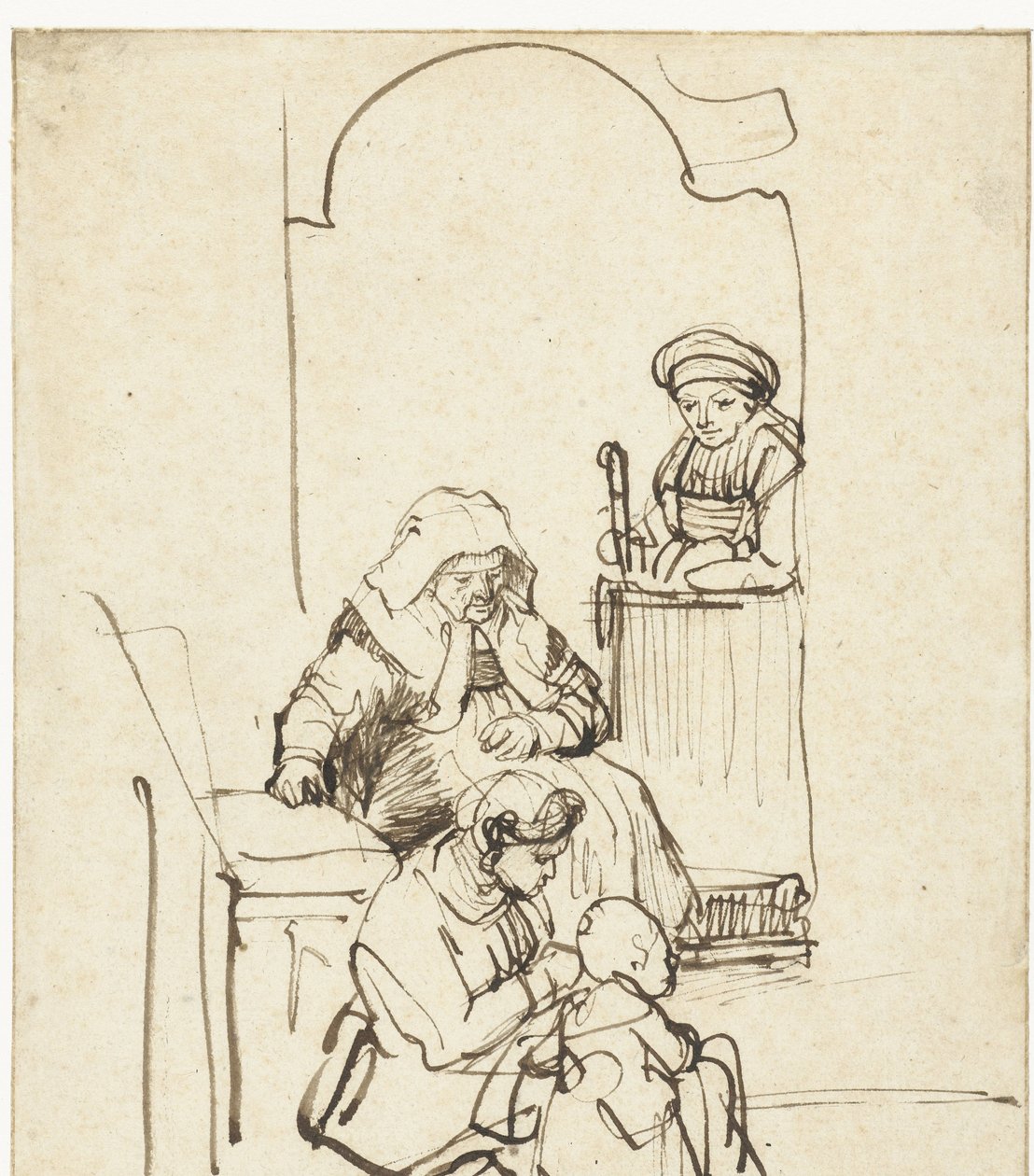 Três mulheres e uma criança por uma porta de Rembrandt van Rijn