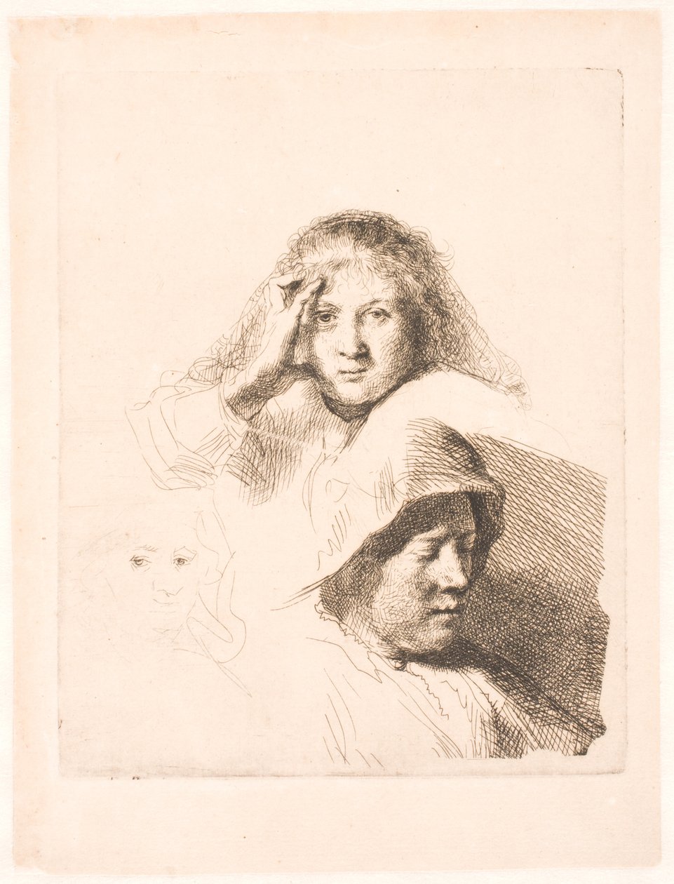 Três cabeças de mulheres, uma levemente gravada de Rembrandt van Rijn