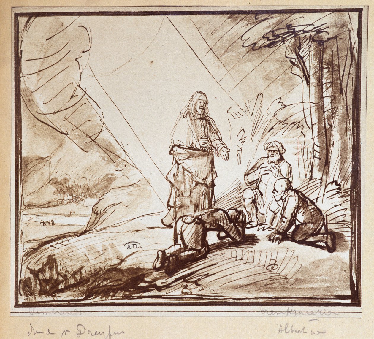 Transfiguração de Cristo, desenho da caneta de Rembrandt, Holanda, n.d. 19. de Rembrandt van Rijn