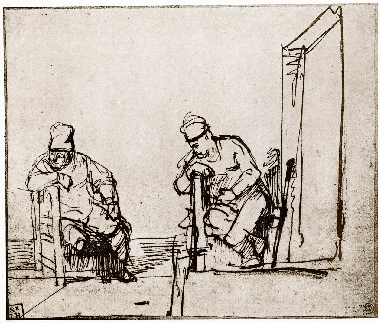 Dois homens sentados em uma entrada, 1913. de Rembrandt van Rijn