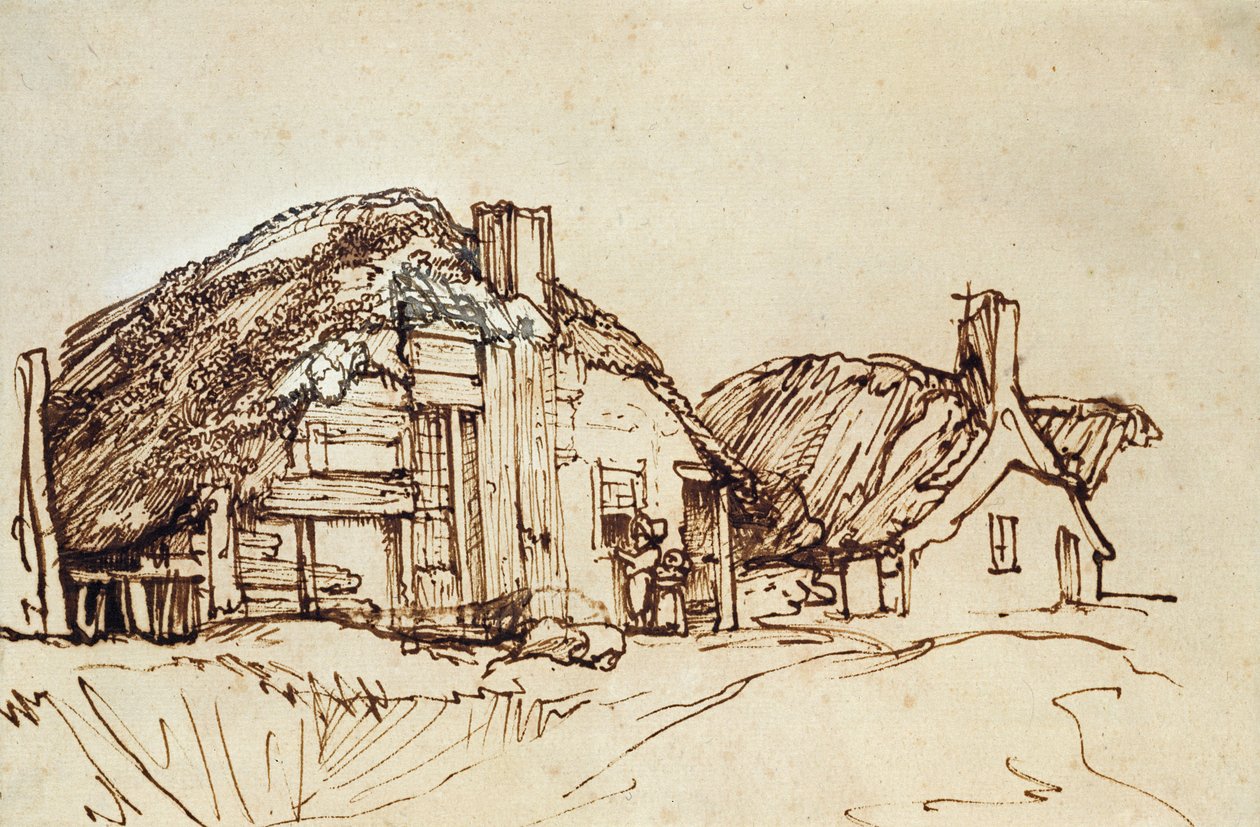 Duas casas de palha com figuras na janela de Rembrandt van Rijn
