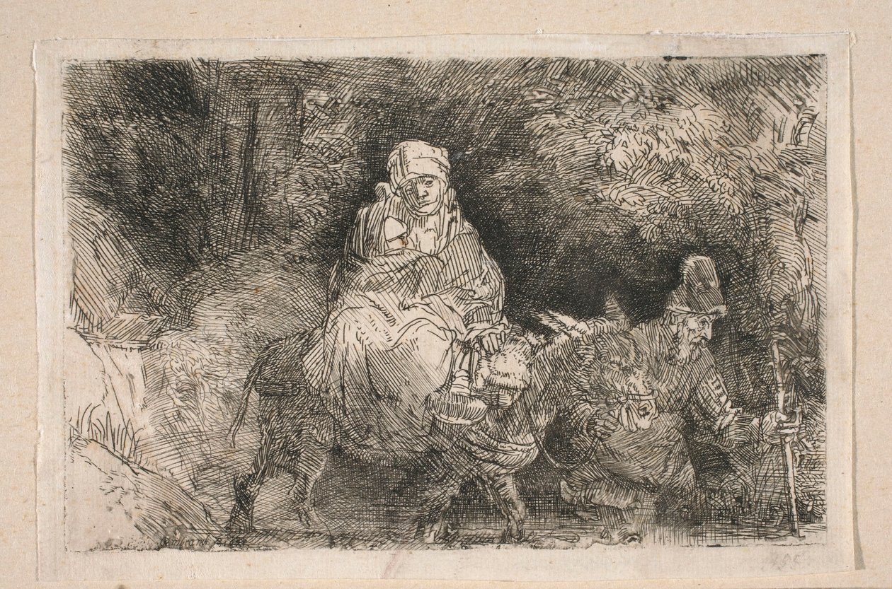 A Fuga para o Egito - A Sagrada Família a atravessar o ribeiro de Rembrandt van Rijn
