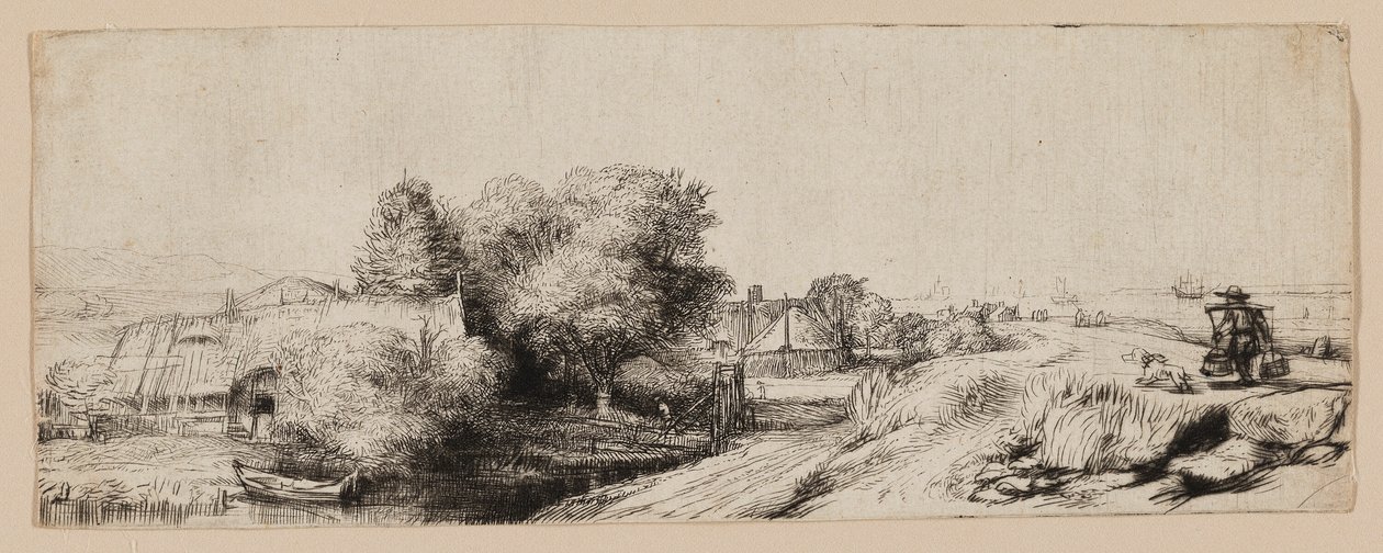 Vista do Diemerdijk com um leiteiro e chalés de Rembrandt van Rijn