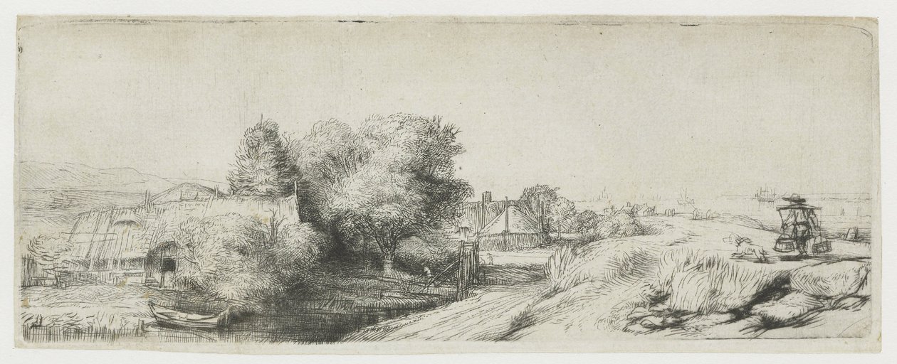 Vista do Diemerdijk com um leiteiro e casinhas de campo de Rembrandt van Rijn