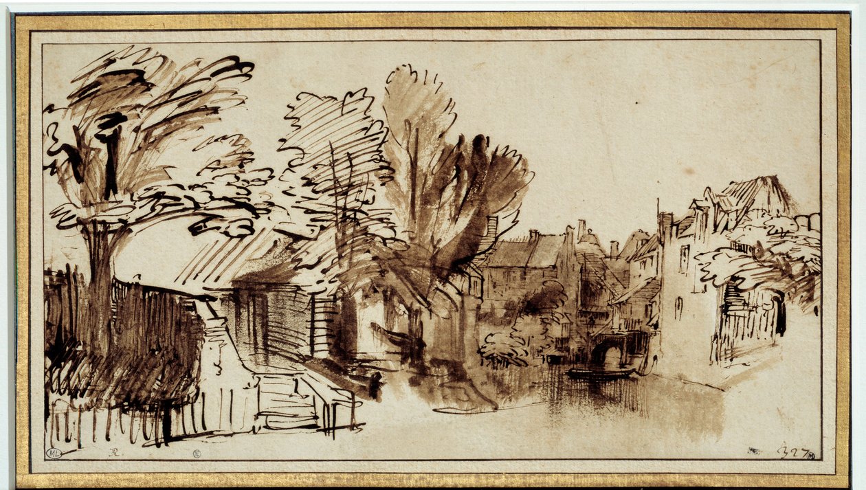 Vista do Canal Singel em Amersfoort. Desenho de Harmensz Rembrandt (1606-1669) de Rembrandt van Rijn