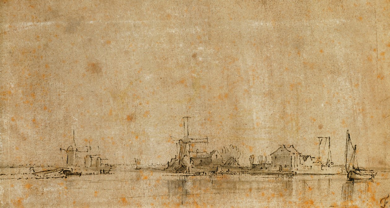 Vista no Amstel no Omval, à esquerda, o Ringvaart do Diermermeer de Rembrandt van Rijn