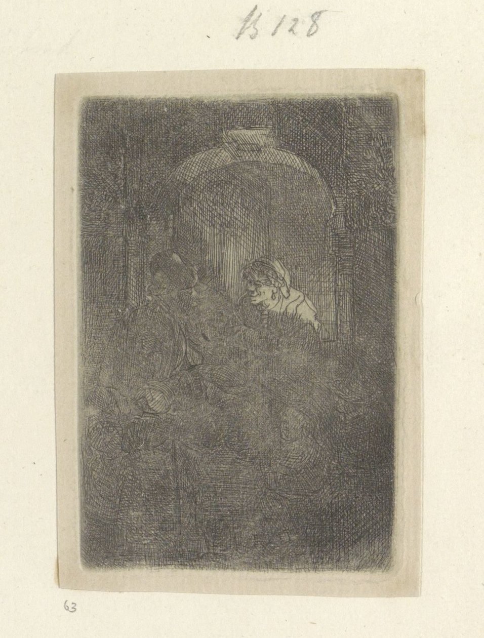 Mulher numa porta, a falar com um homem com filhos
Recueil de quatre-vingt-cinq estampes originales (título da série) de Rembrandt van Rijn