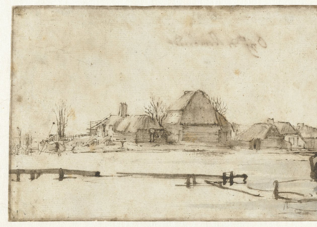 Vista de inverno com hidrovia, chalés e dois barcos de Rembrandt van Rijn
