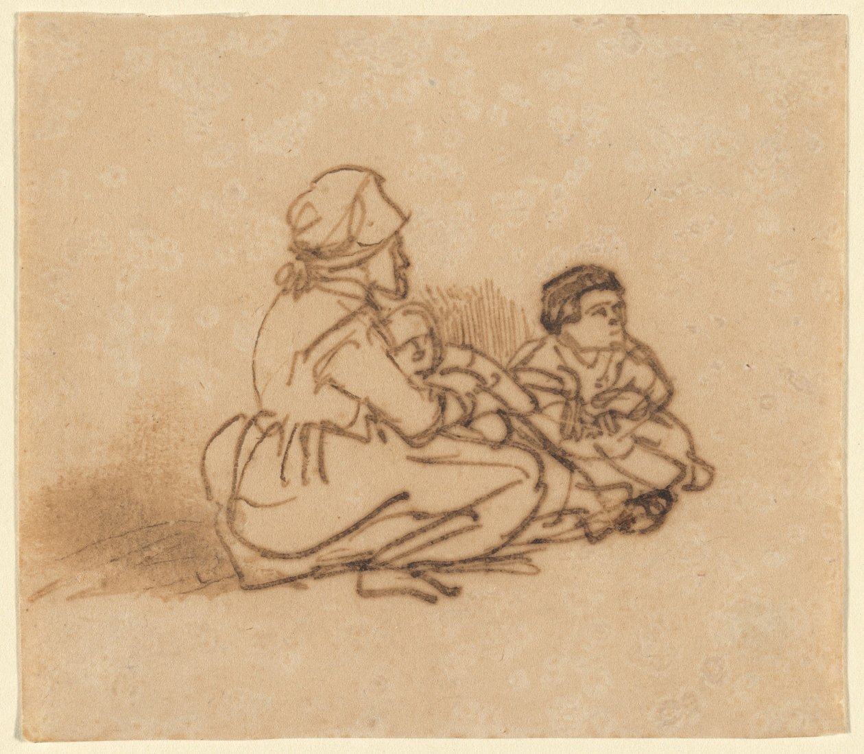 Mulher sentada no chão com dois filhos de Rembrandt van Rijn