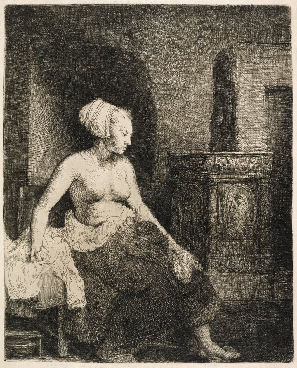 Mulher sentada meio-vestida ao lado de um fogão, 1658 de Rembrandt van Rijn