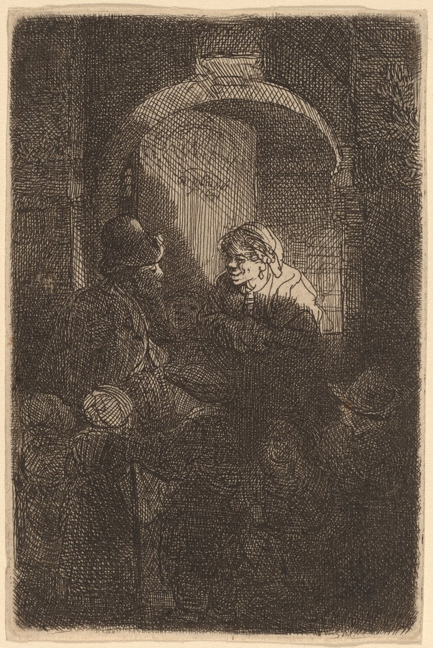 Mulher em uma escotilha conversando com um homem e crianças (The Schoolmaster) de Rembrandt van Rijn