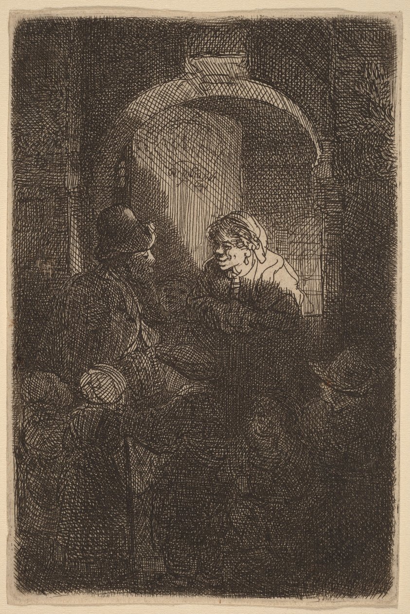 Mulher junto a uma portinhola a falar com um homem e com crianças (O Professor) de Rembrandt van Rijn