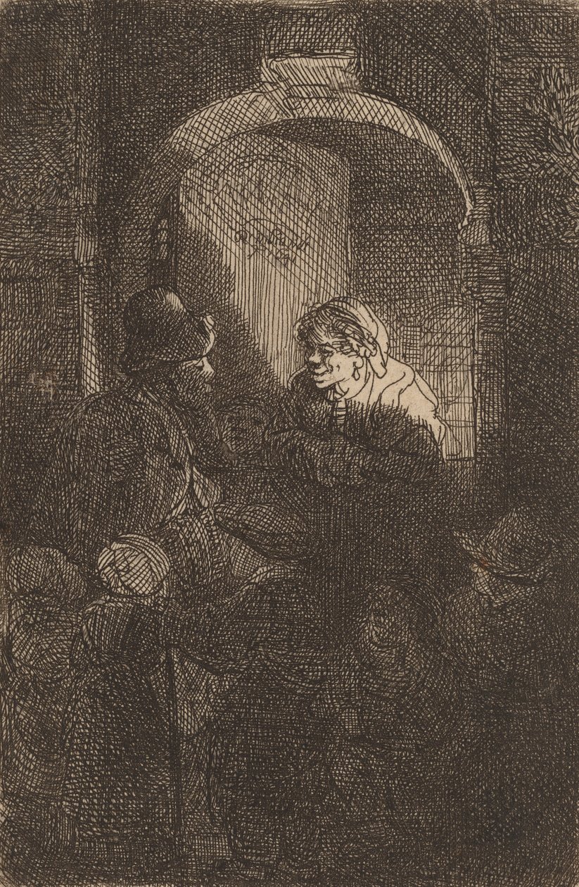 Mulher em uma escotilha conversando com um homem e crianças The Schoolmaster, 1641. de Rembrandt van Rijn