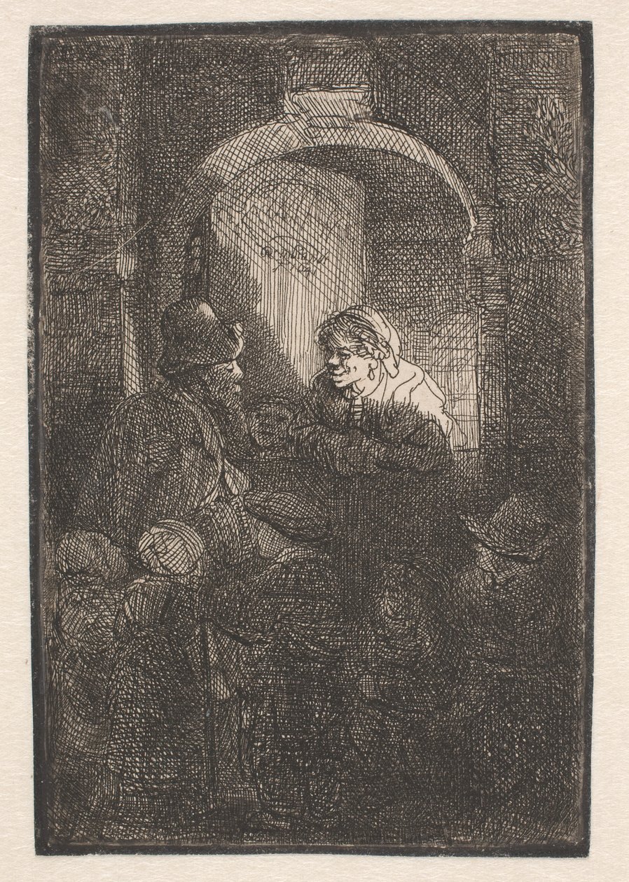 Mulher junto a uma portinhola a falar com um homem e com crianças (O «Mestre») de Rembrandt van Rijn