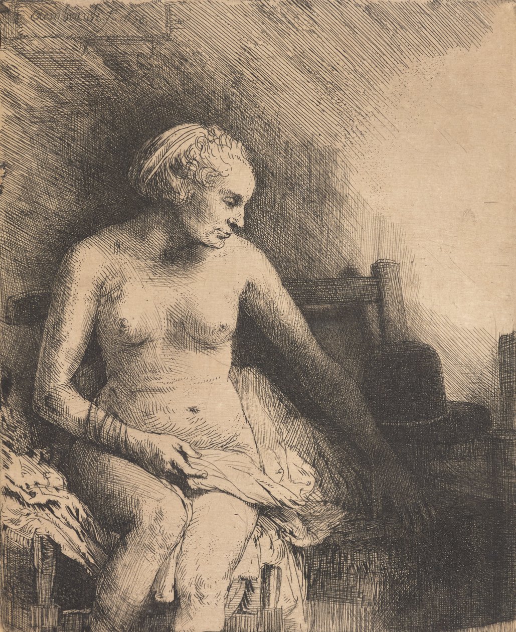 Mulher no banho, com um chapéu ao seu lado de Rembrandt van Rijn
