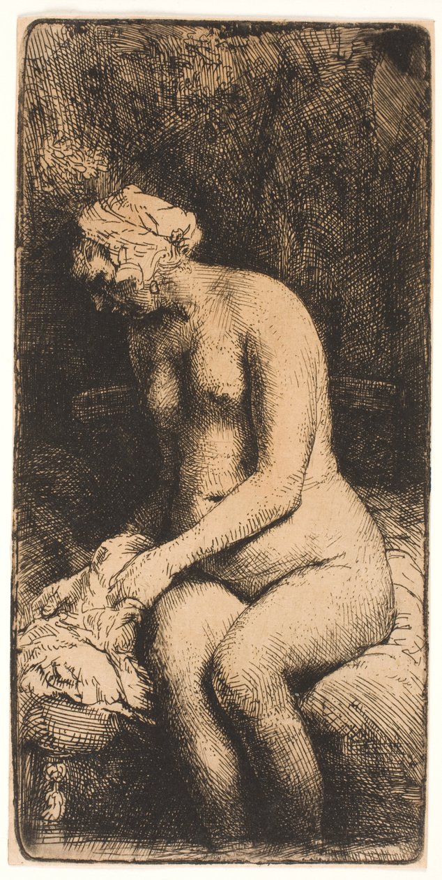 Mulher banhando os pés em um riacho de Rembrandt van Rijn