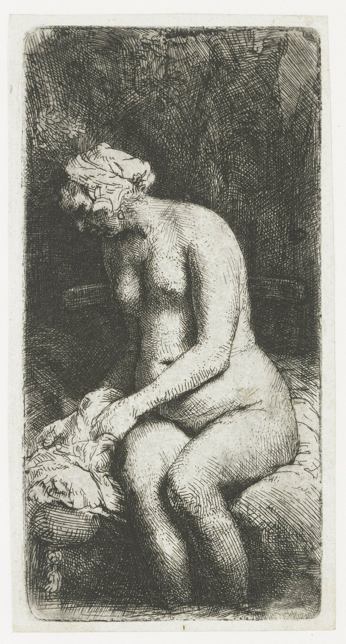 Mulher a banhar os seus pés num riacho de Rembrandt van Rijn
