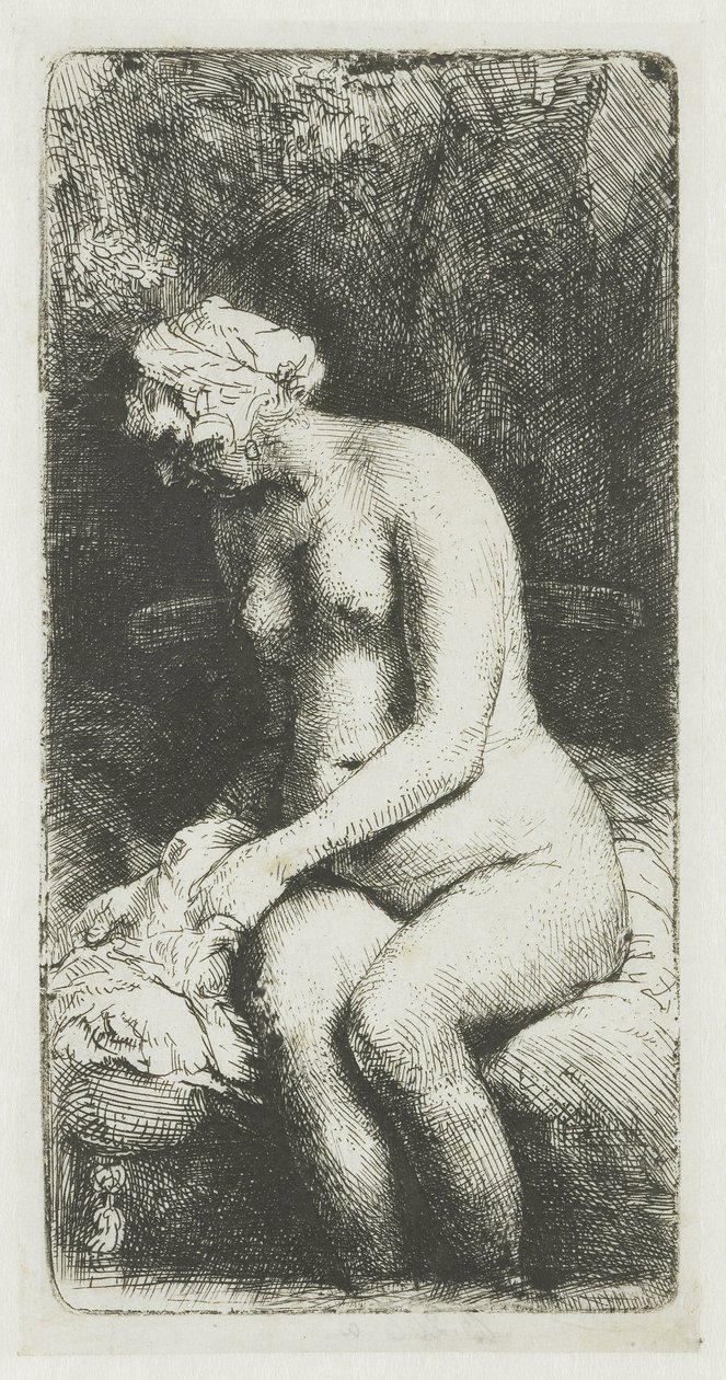 Mulher banhando os pés em um riacho de Rembrandt van Rijn