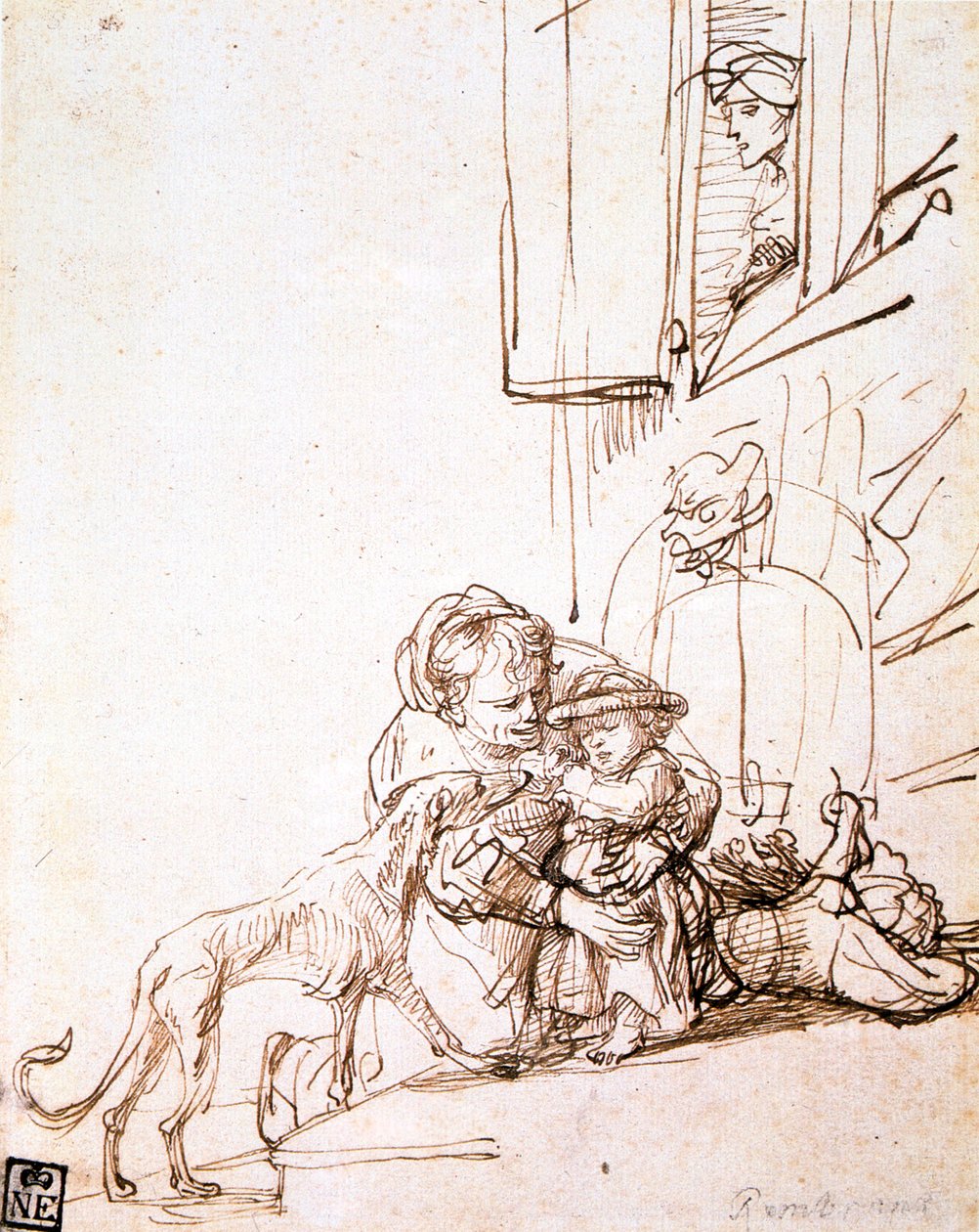 Mulher com criança com medo de cachorro, século XVII de Rembrandt van Rijn