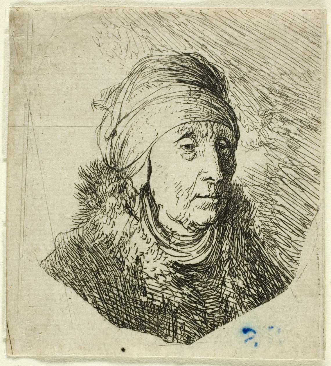 Mulher com um cocar alto enrolado no queixo: busto de Rembrandt van Rijn